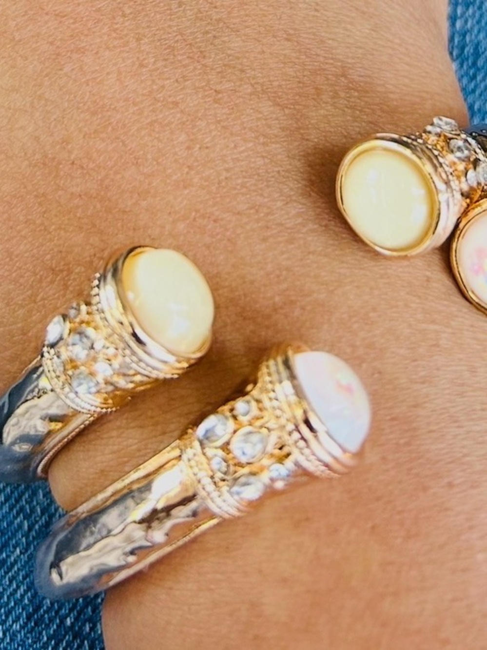 Gold and Cream Opal Cabochon Hammered Cuff Bracelets